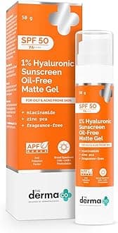 The Derma Co 1% Hyaluronic Sunscreen Oil-Free Matte Gel SPF 50 PA++++ | For Oily, Acne-Prone Skin | Lightweight Texture | No White Cast | Broad Spectrum Protection & Blue Light Protection | Non- Comedogenic | Clinically Tested - (In -Vivo) | Tan Protection | Anti-Pollution Factor | Photostable | Water & Sweat Resistant | For Men & Women | 50 g