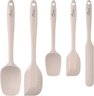 HOTEC 600℉ Heat Resistant BPA-Free Silicone Rubber Spatula Set,Kitchen Cooking Spatulas, Baking, Mixing for Non Stick Cookware, Dishwasher Safe, Set of 5, Khaki