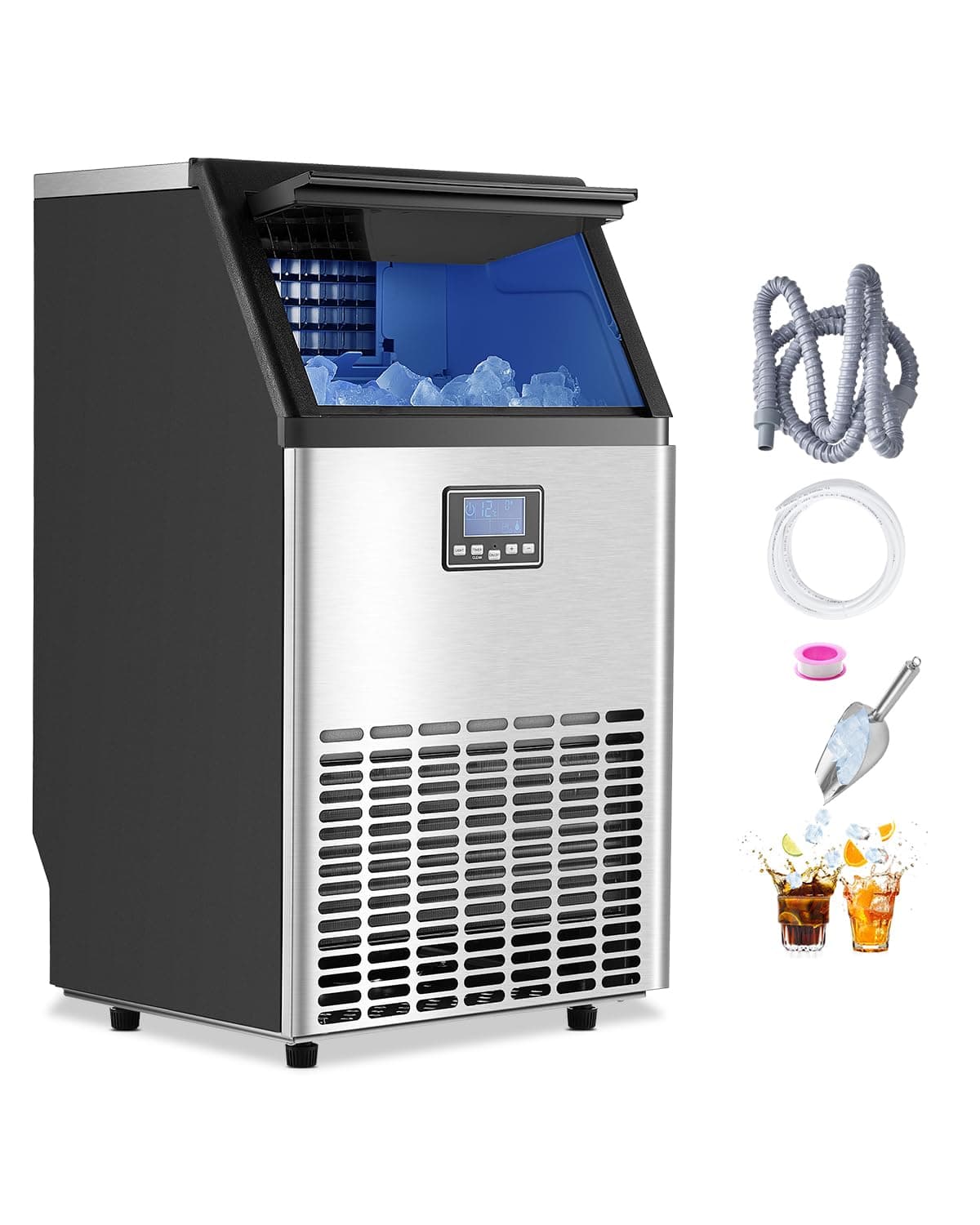 VEVOR Commercial Ice Maker Machine, 100lbs/24H Ice Maker Machine with 33lbs Storage Capacity, 45 Ice Cubes in 15 Minutes, LED Digital Display Freestanding Self-Cleaning for Bar Office Restaurant