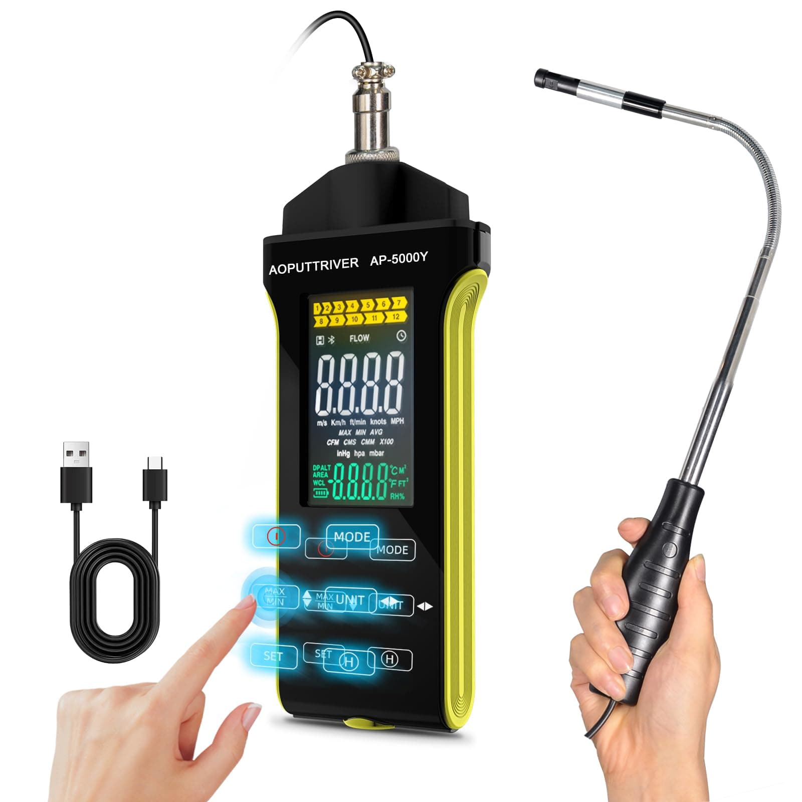 Hot Wire Anemometer Handheld CFM/CMM Air Flow Meter with 360° Revolve Telescopic Probe Measures Airflow and Temperature in Air Flow Velocity for HVAC Cone Duct-AP-5000Y
