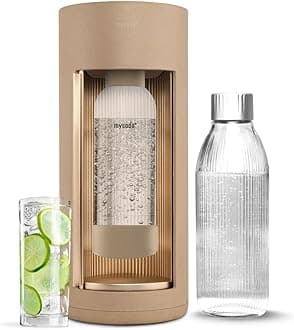 Mysoda Glassy Sparkling Water Maker + 1L Glass and Plastic Bottle - Silent Carbonated Water Machine Soda Maker with Sliding Door Opening - No Cylinder Included - Latte