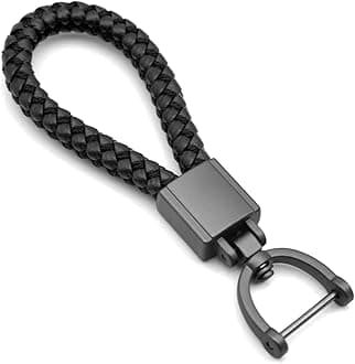 FEYOUN Universal Black Leather Car Fob Keychain Metal Keyring Woven Strap Braided Rope Key Chain for Men and Women - Matte Black Color, with 360 Degree Rotatable D-ring and Screwdriver