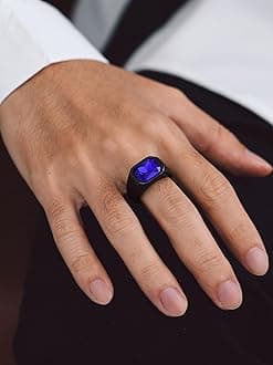 Bandmax Gemstone Signet Rings for Men, Stainless Steel Fancy Cut Cubic Zirconia Rings Blue Topaz/Emerald/Black Onyx/Ruby Ring Statement Ring Wedding Ring Size 7-14