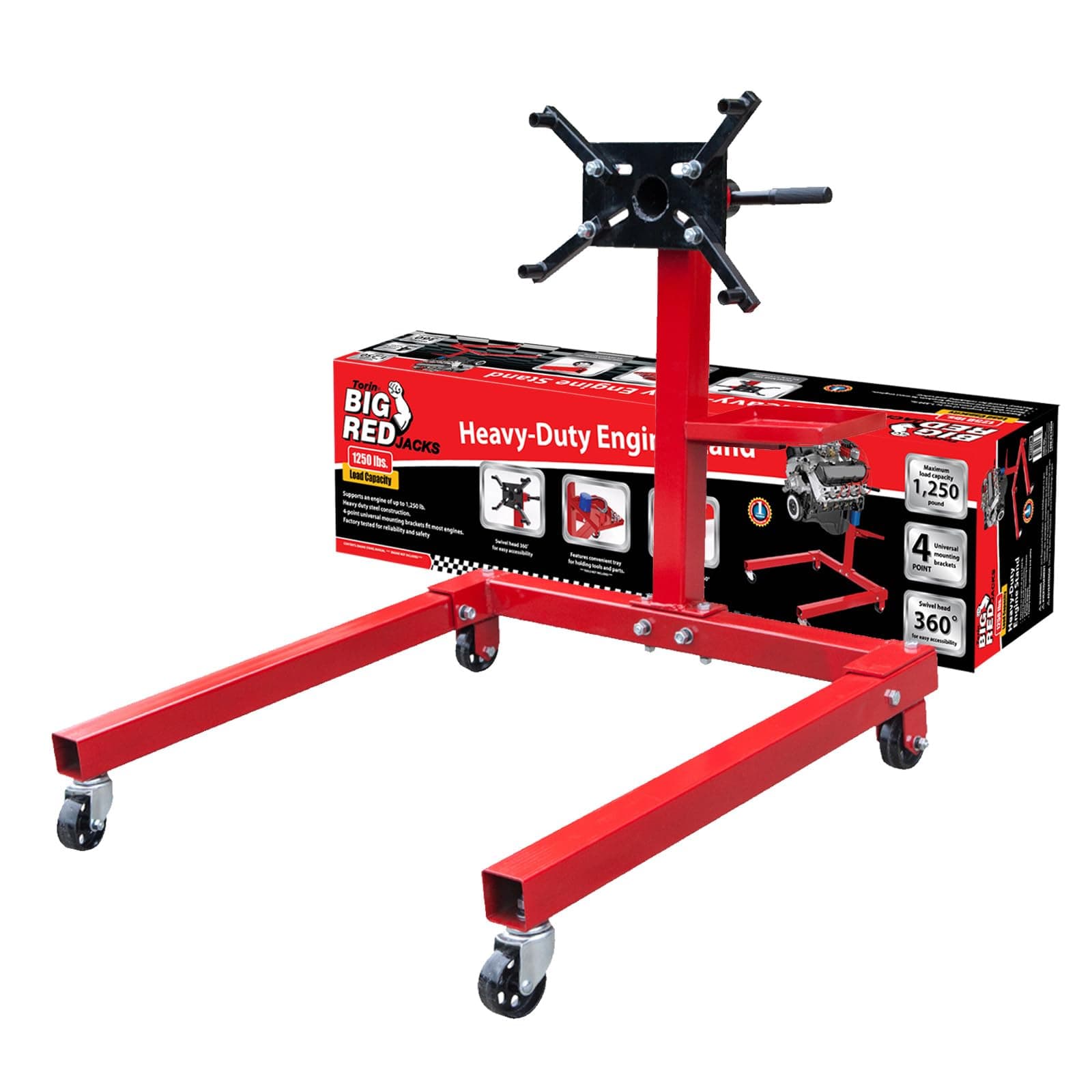 BIG RED T25671-1 Engine Stand,5/8 Ton (1,250 lbs) Capacity,Rotating Engine Motor Stand with 360 Degree Adjustable Head, Extra Tool Storage Tray, 4 Casters and 4 Adjustable Arms,for Auto Repair,Red