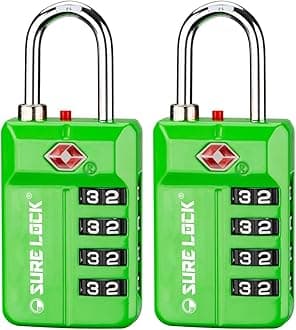 SURE LOCK TSA Approved 4-Digit Resettable Combination Luggage Locks with Open Alert, Easy-Read Dials - for Luggage, School Lockers, Gym, Office, Toolbox & Security Cases(Green 2 Pack)