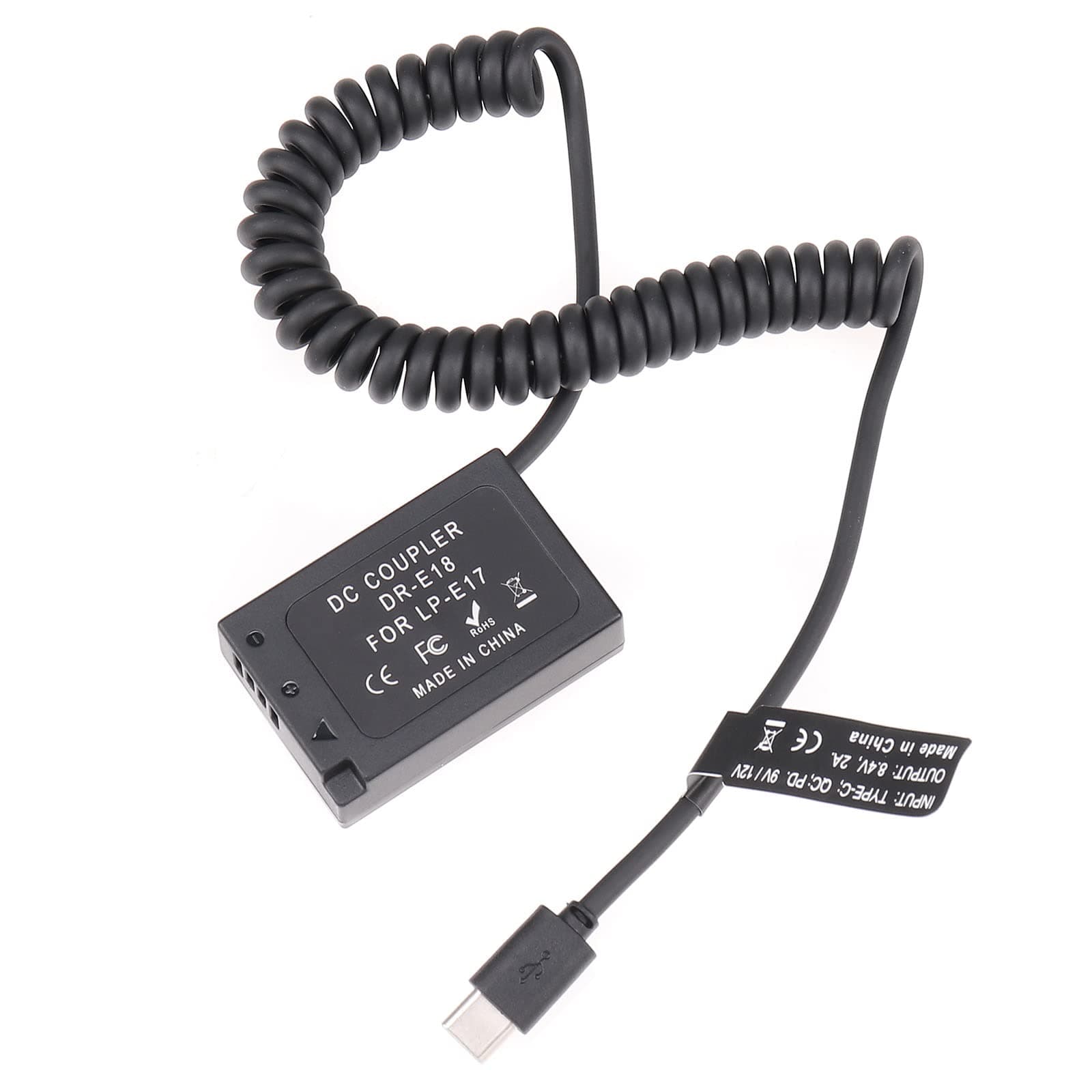 FocusFoto USB-C Type-C to Full Decoded LP-E17 Dummy Battery DR-E18 Coupler Power Adapte Spring Cable for Canon EOS R8 R10 RP 77D 200D Mark II 250D 750D 760D 800D 850D;Rebel T6i T6s T7i T8i SL2 Camera