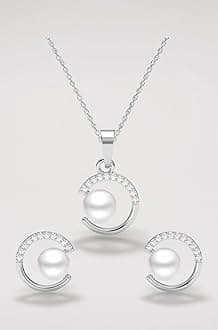 - 925 Sterling Silver Zola Real Pearl Pendant Earrings Chain Necklace Jewellery Set | Platinum Plated, Swiss Zirconia | Gift for Women and Girls