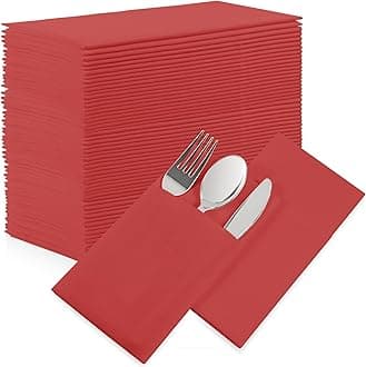 Red Dinner Napkins Disposable - 50Pack Linen-Feel Paper Napkins with Built-in Flatware Pocket, Prefolded Cloth Like Paper Napkins Bulk For Dinner, Wedding, Party or Everyday Use (Red)