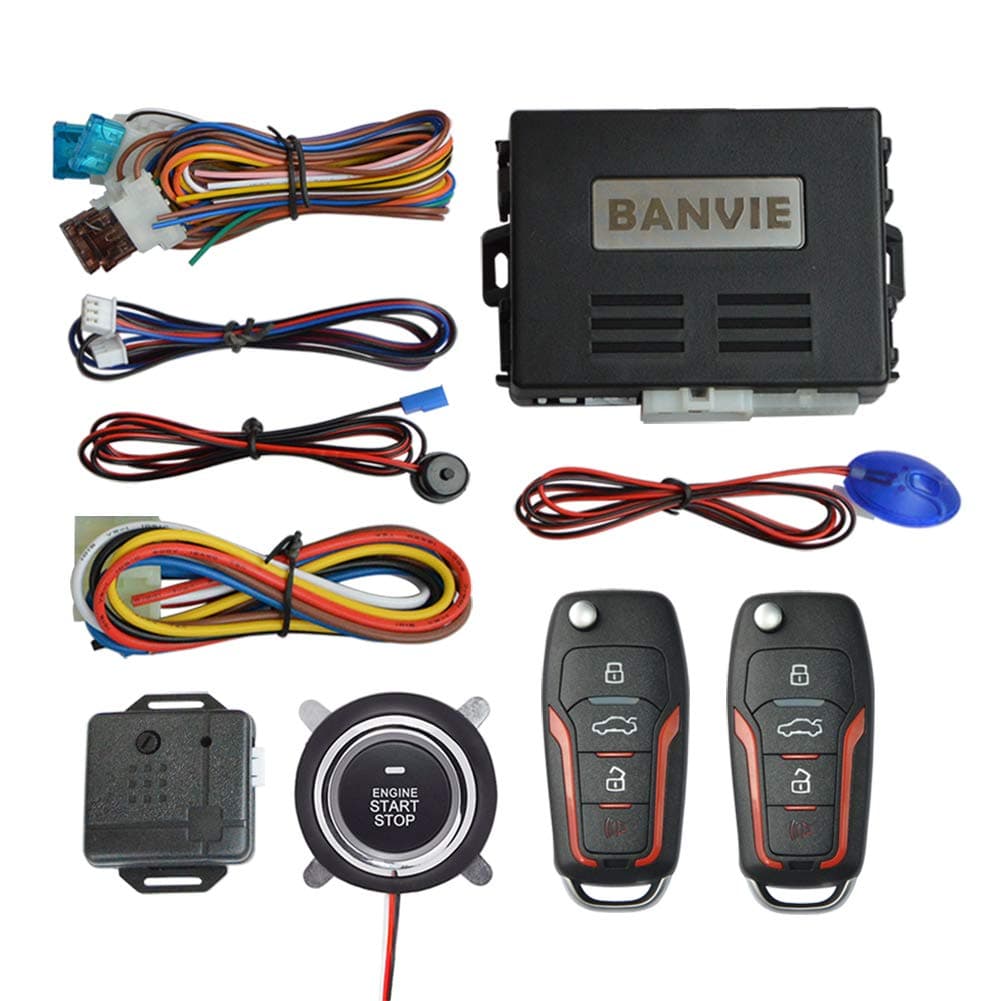 BANVIE ① Car Keyless Entry Security Alarm System + ② Remote Engine Starter + ③ Push to Start Stop Iginition Kit Button