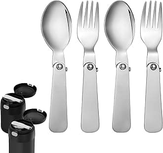 BOXOB 2pcs Folding Spoon & 2pcs Foldable Forks for Thermos Funtainer 10oz Food Jars, Portable Replacement Stainless Steel Spoons Forks for Travel Camping Picnic Outdoor Activities
