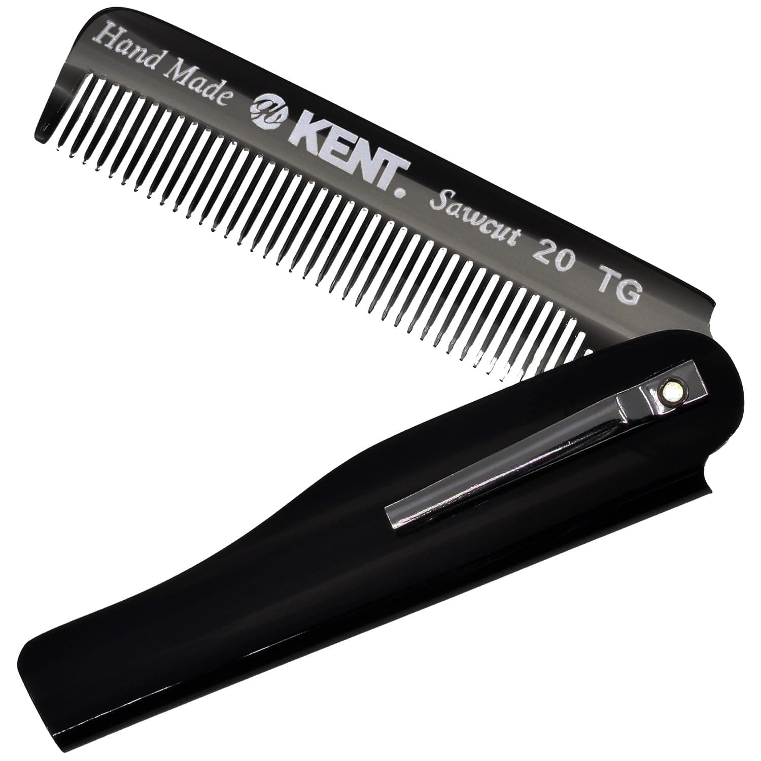20T Black Graphite Handmade Folding Pocket Comb for Men, Fine Tooth Hair Comb Straightener for Everyday Grooming Styling Hair, Beard or Mustache, Use Dry or with Balms, Saw Cut, Made in England
