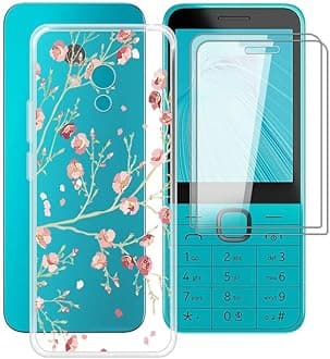 Phone Case for Nokia 235 4G 2024 (2.8") with 2 X Tempered Glass Film, Clear [Anti-Scratch X Shockproof] Soft TPU Bumper Protective Cover for Nokia 235 4G 2024 - Camellia