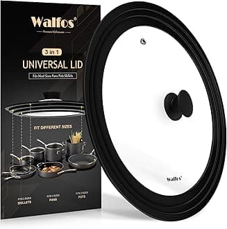 Walfos Universal Lid for 9", 10" and 10.5" Diameter Cookware, Fits Pots, Pans and Skillets - Walfos Tempered Glass Pan Lid with Heat Resistant Silicone Rim, BPA Free Pot Lids, Dishwasher-Safe, Black