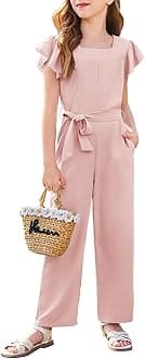 Haloumoning Girls Jumpsuit Kids Fashion Square Neck Ruffle Sleeve Belted Wide Leg Romper with Pockets