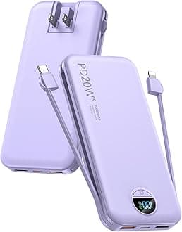 - Portable Charger, 10000mAh PD20W USB C Fast Charging Power Bank with Built-in Cables and AC Wall Plug, Smart LED Display Travel Essentials Battery Pack Compatible with iPhone, iPad, Samsung etc Purple