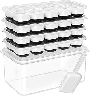 DOQAUS Ice Cube Tray with Lid and Bin - 4 Pack Silicone Ice Cube Trays for Freezer, Stackable Ice Bucket Kits with Storage Container & Scoop for Kitchen, RV, Cocktail, Coffee