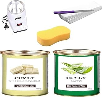 CUVLY Waxing Kit Combo Machine - Heater, White Chocolate & Aloe Vera Wax (600 Gm Each), 70 Strips, Spatula, Sponge - For Women