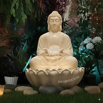 Fiberglass Buddha Lotus Water Fountain With Light, 91 Cm, Decorative Outdoor Garden Fountain For Home And Office 3 Feet (Cream)