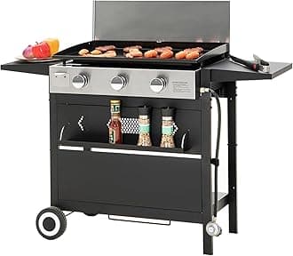 Sophia & William 28-Inch Flat Top Grill with Ceramic Coated Cast Iron Griddle, 3-Burner Propane Gas BBQ Griddle, Portable Outdoor Barbecue Grill,33,000 BTU,Black