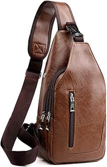Men Sling Bag Anti Theft Shoulder Bag Small Leather Crossbody Sling Backpack with USB Charge Port Brown