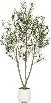 Olive Trees Artificial Indoor, 6FT Tall Faux Olive Tree with White Tall Planter, Artificial Plants with Natural Wood Trunk and Lifelike Fruits for Home Office Decor