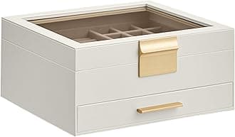 SONGMICS Jewelry Box with Glass Lid, 2-Layer Jewelry Organizer, 1 Drawer, for Big and Small Jewelry, Jewelry Storage, Mother's Day Gifts, 8 x 9.1 x 4.1 Inches, Cloud White and Gold Color UJBC174W01