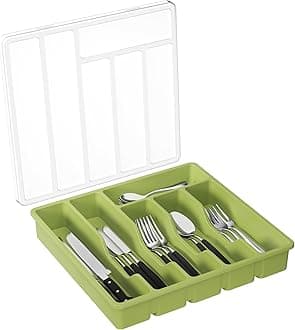 Lifewit Cutlery Tray with Lid, Cutlery Storage Box for Kitchen Drawer and Countertop, Plastic Cutlery Drawer Organiser for Spoons Forks Knives Holder Storage Insert, 6 Compartments, 2 Pack, Green