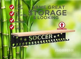 iBobbish Premium Trophy and Medal Display Shelf 16inchL,Metal Trophy Shelf with Hooks Upgraded,Large Bamboo Trophy Board Display,Sturdy Trophy Shelf with Hooks for Medals Metal Wall Mount Medals