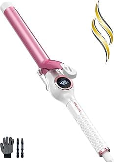 1 Inch Curling Iron Wand Long Barrel, Ceramic Curling Iron with Digital Temp Control, Dual Voltage Professional Curling Iron Fast Heat Up, Gift for Women Pink
