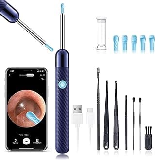 LEIPUT Ear Wax Removal - Earwax Remover Tool with 8 Pcs Ear Set - Ear Canal Cleaner with 1080P Camera - Ear Cleaning Kit with 6 Ear Spoon - Ear Camera for iOS & Android (Navy Blue)