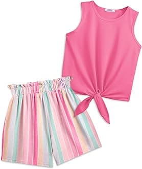 Arshiner Girl's 2 Piece Outfits Summer Tie Knot Tank Top and Paperbag Waist Pocketed Short Sets