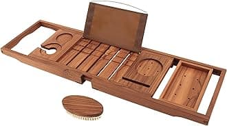 VaeFae Teak Bathtub Tray, Expandable Wooden Bath Tray for Tub with Wine and Book Holder - Ideal for One or Two Person Use