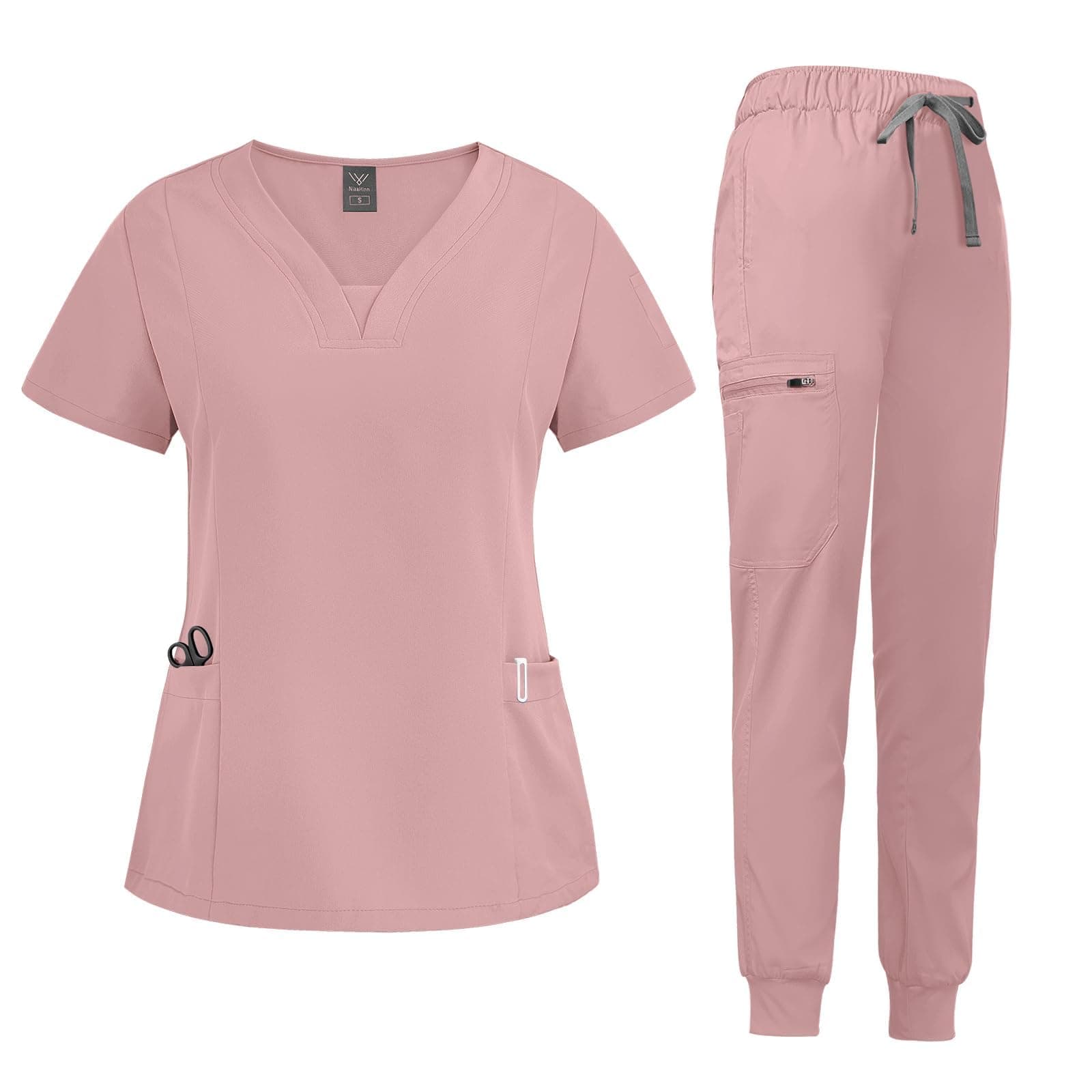 niaahinn Scrub Suit Set for Women Modern V-neck Top & Tapered Leg Jogger Pants with Drawstring Medical Nursing Uniforms Set