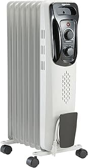 Amazon Basics Portable Oil Radiator Heater, Indoor Use, 3 Heat Settings, Over-Heat Protection, ETL-certified Safety, 7 Oil-Filled Steel Fins, 1500W, Tip-Over Protection, 11"D x 14.8"W x 25.2"H, White