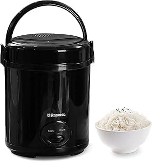 Rasonic Electric Mini Rice Cooker 0.4L, Portable for 1-2 People, with Non-Stick Pot & Food-Grade Steamer, 15-Min Fast Cooking, Auto Keep Warm, One-Touch Operation, Detachable Inner Lid - Black
