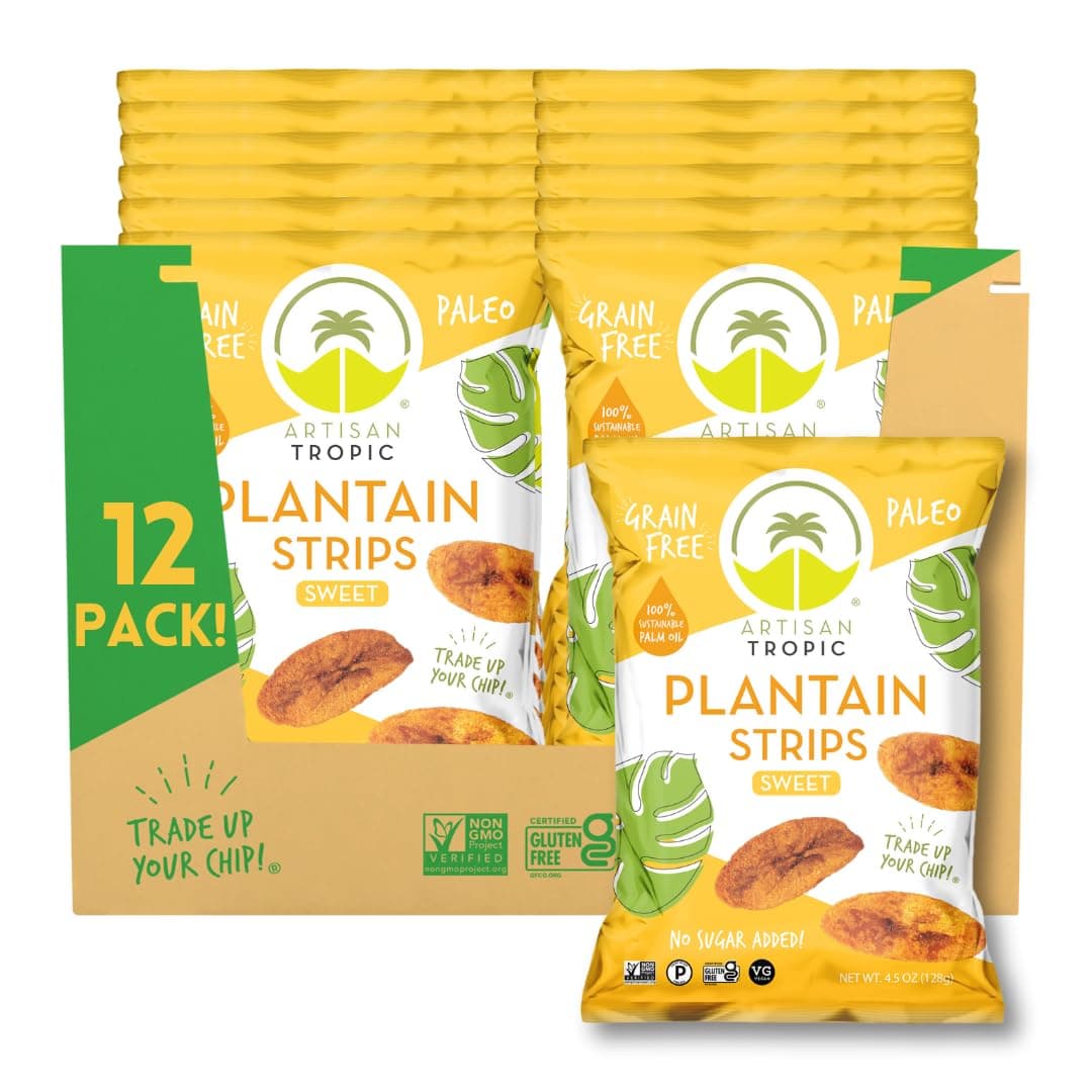 Plantain Strips Naturally Sweet - 12 Pack, 4.5oz - Vegan, Paleo, Gluten Free Chips – Whole 30 Approved Foods Non-GMO Healthy Snack for Lunches, Dipping, Parties – Baked Banana Chips
