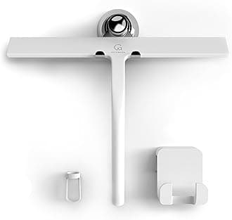 GÜTEWERK Silicone Shower Squeegee for Glass Doors & Mirrors with Stainless Steel Core, Streak-Free & No-Squeak Window Cleaning, 3-in-1 No-Drill Mount (Hook/Suction/Adhesive),White, 11 Inches