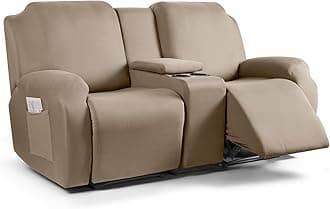 TAOCOCO Recliner Loveseat Cover with Middle Console, 4-Piece Polyester Fabric Stretch Fit, Taupe, 2-Seat Recliner Cover with Console