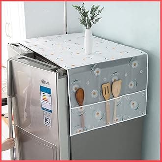 Wolpin Fridge Top Cover Waterproof with 6 Utility Pockets (1 Pc) | Daisy Printed Dustproof Refrigerator Cover for Kitchen Home Décor | Protective Multi-Purpose Storage Organizer Cover