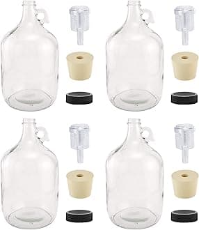 North Mountain Supply 1 Gallon Glass Fermenting Jug with Handle, 6.5 Rubber Stopper, 2-Piece Airlock, Black Plastic Lid - Set of 4