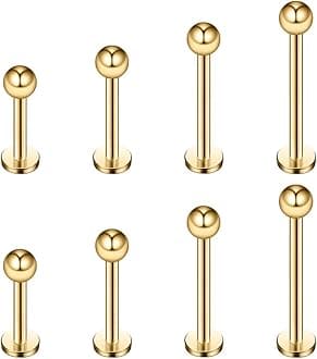 Ruifan 4prs(8pcs) 16G 316L Stainless Steel 3mm Ball Labret Monroe Lip Tragus Helix Earring Stud Barbell Ring Body Piercing Jewelry Kit Bar Length 6mm/8mm/10mm/12mm