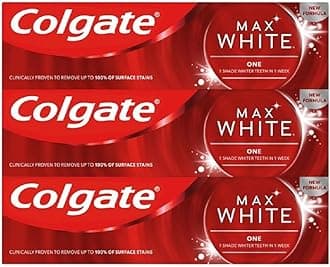 Colgate Max White One Whitening Toothpaste, Teeth Whitening Toothpaste with a Clinically Proven Formula, Removes up to 100% of Surface Stains, 1 Shade whiter in 1 week, 75ml (Pack of 3)