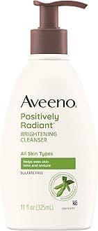 Aveeno Positively Radiant Brightening Facial Cleanser for Sensitive Skin, Targets Dull Skin, Moisture Rich Soy Extract, Non Comedogenic, Oil & Soap Free, Hypoallergenic, 11 Fl. Oz White