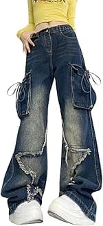 Star Jeans for Women Girls Baggy Cute Patchwork Denim Pants Y2k High Waisted Jeans Grunge Aesthetic Clothes