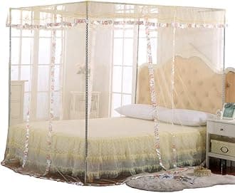 JQWUPUP Mosquito Net for Bed - 4 Corner Canopy for Beds, Canopy Bed Curtains, Bed Canopy for Girls Kids Toddlers Crib, Anti-Mosquito Bedroom Decor (Twin Size, Beige)