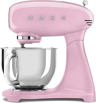 Smeg SMF03PKUK, 50’S Retro Style Stand Mixer With 10 Variable Speeds, 4.8 L Stainless Steel Bowl, Safety Lock When Mixing, Includes Wire Whisk, Flat Beater, Dough Hook, Pink, 1 Year Warranty