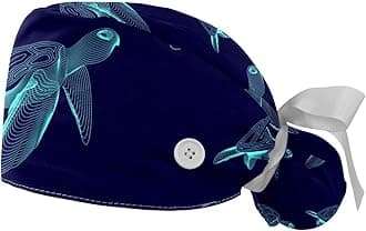 Art Sea Turtles Navy Blue Working Caps with Buttons, Long Hair Scrub Hats Ponytail Holder for Women