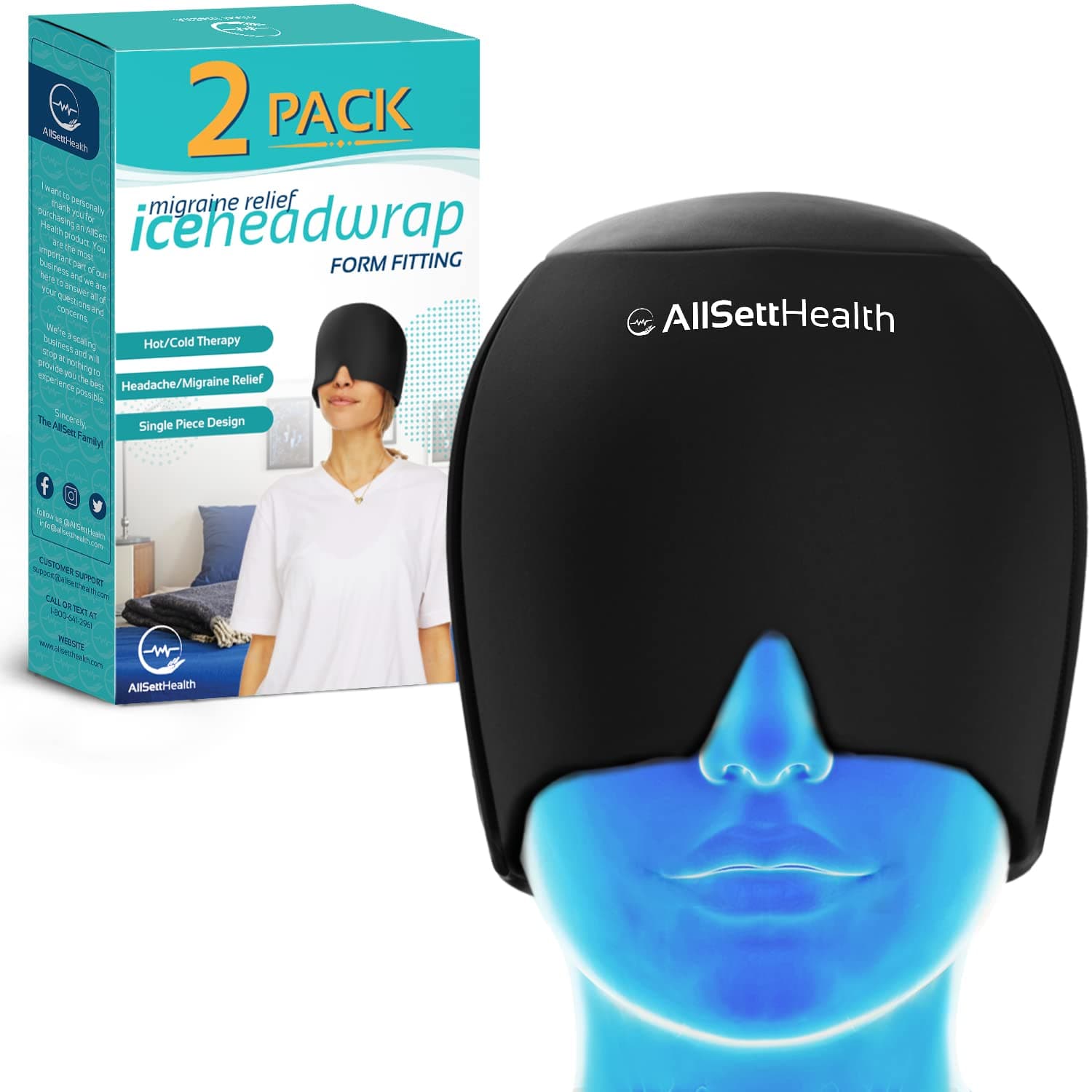 2 Pack - Migraine Relief Cap Ice Head Wrap and Hat | Hot/Cold Gel Pack with Face and Eye Mask Compress for Headache Relief - Black 2 Pack