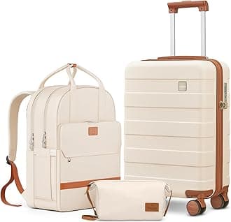 Hard Shell 20 Inch Carry on Luggage 3 Piece Set with Travel Backpack, Lightweight Hardside Carry-On Suitcase with Spinner Wheels and TSA Lock, Beige