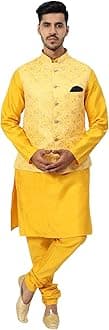 Uri and MacKenzie Men's Silk Blend Regular Kurta Churidar Pyjama with Bundi Nehru Jacket/Waistcoat